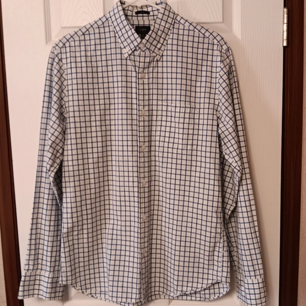J Crew Classic Blue & White Checkered 100% Cotton Slim-Fit Button Front Shirt